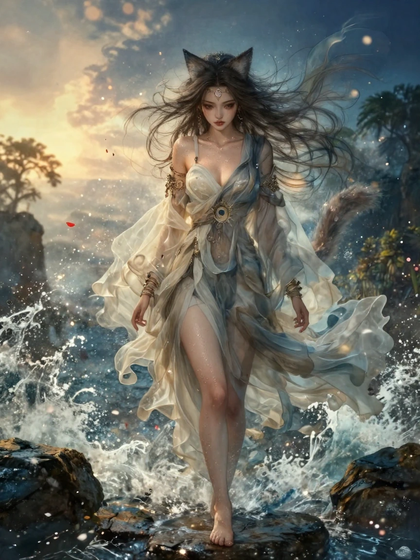 A photorealistic cinematic image of a nekomusume, an extraordinarily beautiful sensual woman with catlike ears and tail standing barefoot on a dark wet stone in an enchanted forest. Long flowing hair whipped violently by the wind, sheer translucent l