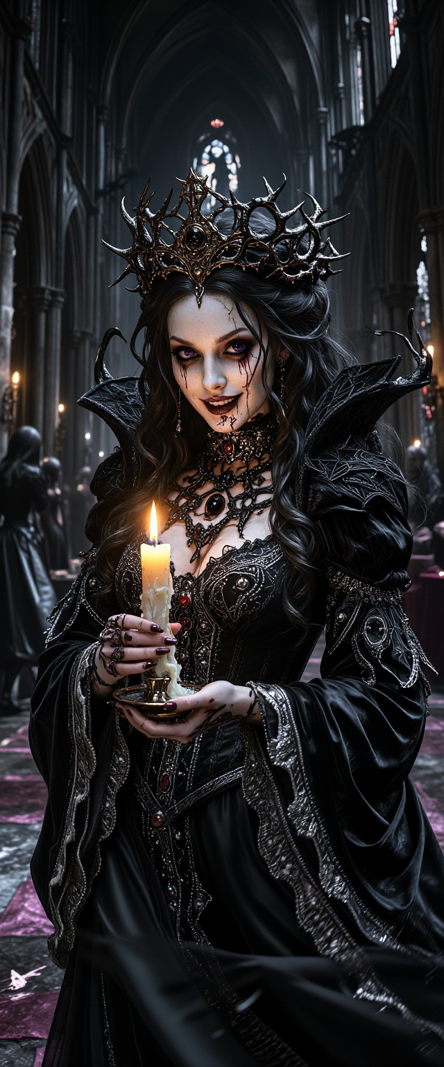 Create a high-resolution, ultra-detailed, photorealistic gothic horror portrait of a beautiful, ancient queen in a decaying cathedral, holding a singl