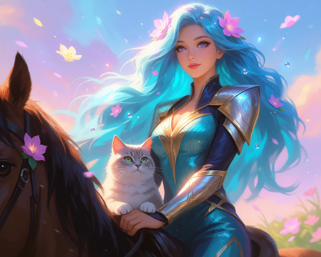 Beautiful woman warrior on a horse, bright turquoise hair glistening in the sunlight, with her cat, , sleek jumpsuit, lavender eyes, glowing flowers and water drops, magical background, ethereal, beautiful, pastel painting