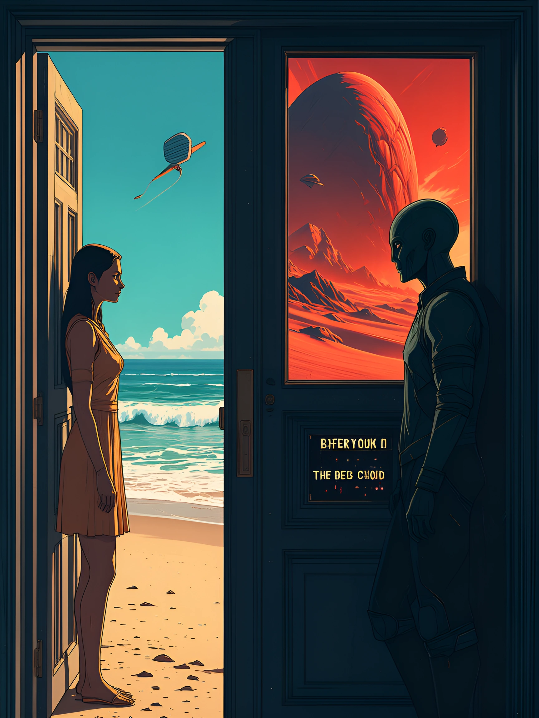 A door that looks like a tardis, on one side of the door we see a beautiful ocean view with a woman from the beach standing at the door. On the other side of the door, we see an alien planet that is red desert. There is an alien man standing at that