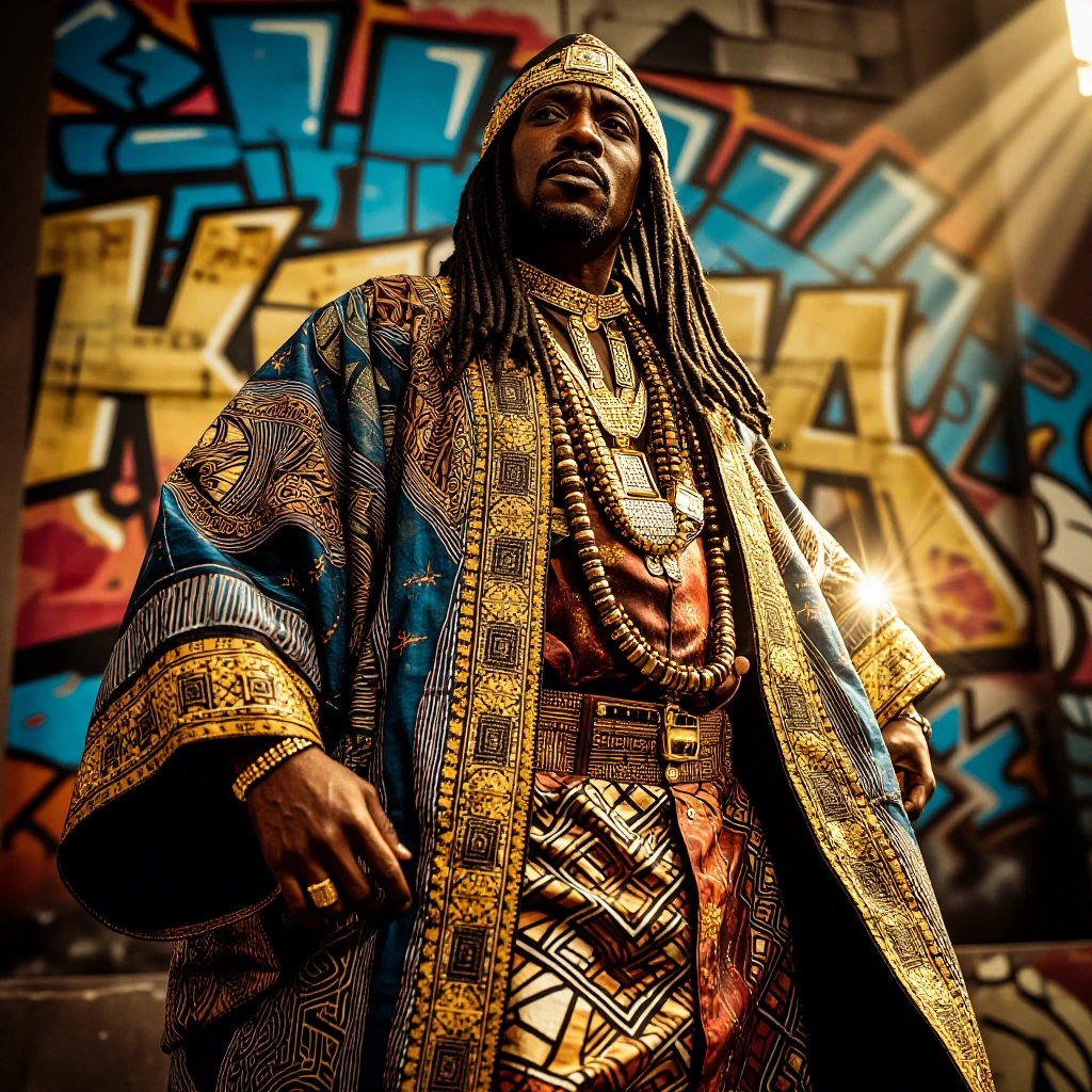 Afrika Bambaataa, legendary hip-hop pioneer, commanding presence, powerful stance, 1970s-80s aesthetic, wearing ornate African-inspired robes with intricate geometric patterns, gold accents and beaded details, muscular build, confident expression, na
