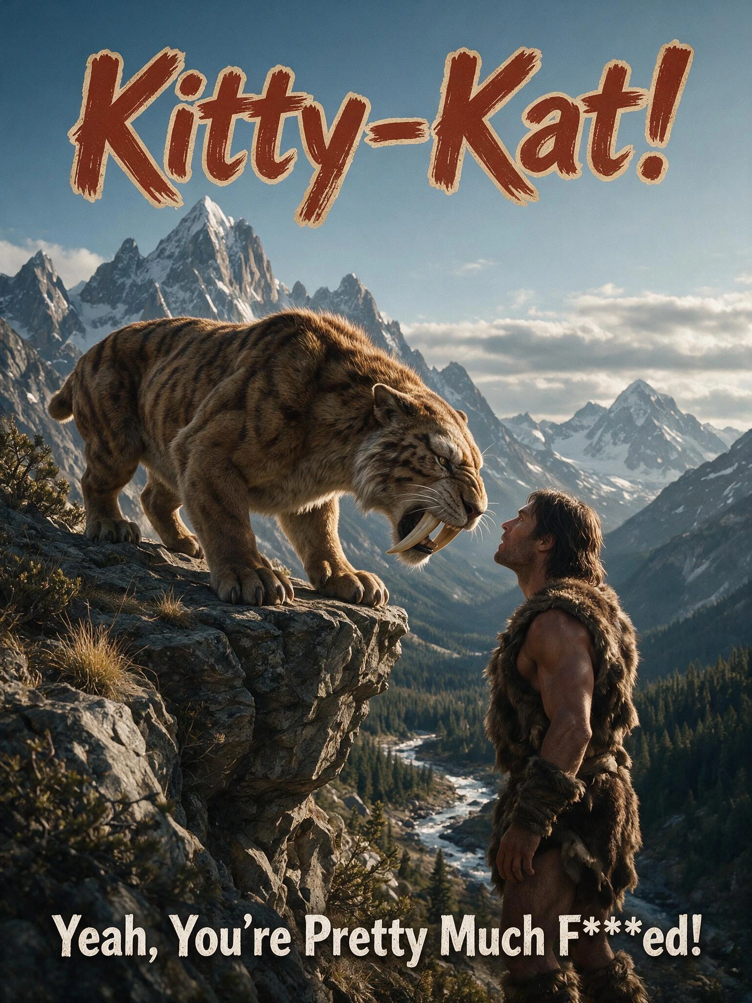 A Mountain; a Sabretooth Tiger and a muscular Fur Clad Human both in profile looking into each others eyes, the Sabretooth Tiger is on a ledge above the Hunter having taken him unawares. Their faces are inches apart as both stare into the other's sou