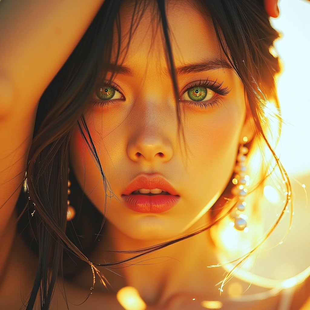 Ultra-close-up cinematic beauty portrait of a young woman during golden hour sunset, framed tightly around the face with shallow depth of field drawing full attention to her striking emerald green eyes framed by long dark lashes. Jet black hair flows