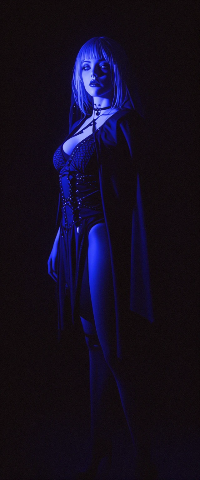 A hyperdetailed, cinematic masterwork of a striking human model standing gracefully in absolute pitch darkness, illuminated exclusively by intense, highoutput ultraviolet lights.