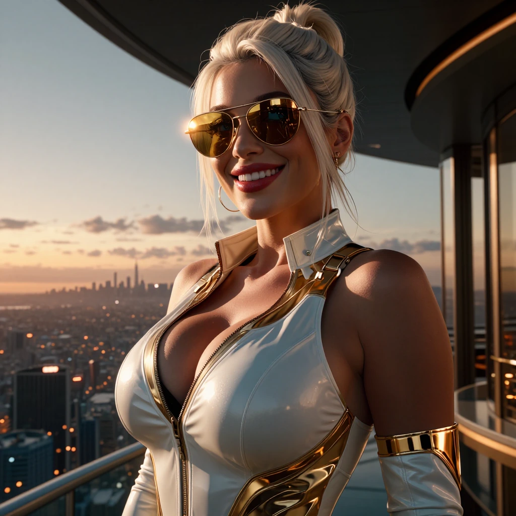 Close-up shot, positioned at a Low Angle, soft light, an ultra-curvy figure, radiant smile, crimson lips, blue eyes, perfect high ponytail platinum blonde hair, flawless skin, and natural makeup woman in an unzipped White & Gold outfit with extremely