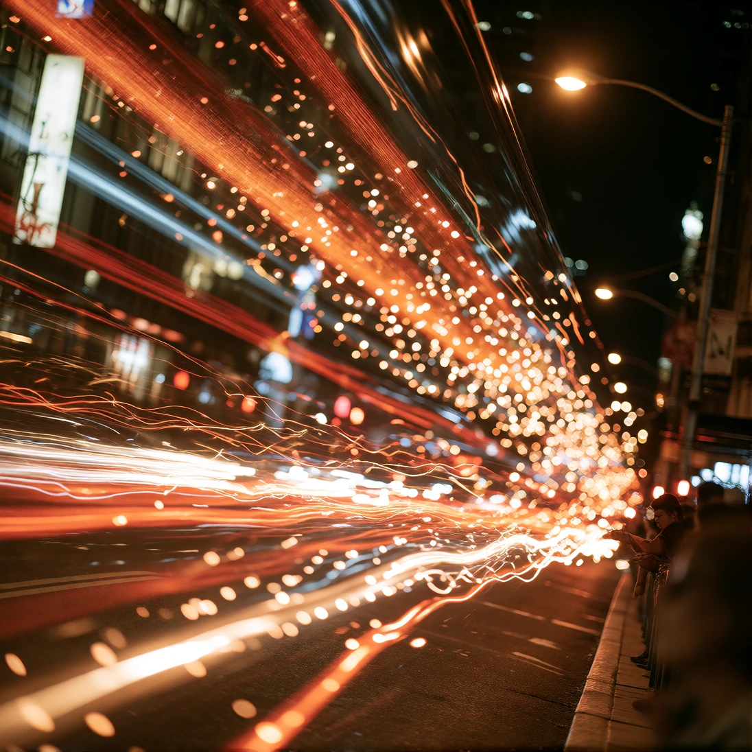 a city street at night taken from a low angle with a long exposure showing bright orange and yellow light trails from moving vehicles creating a sense of speed and motion. the light trails are sharp and elongated with circular bokeh effects scattered
