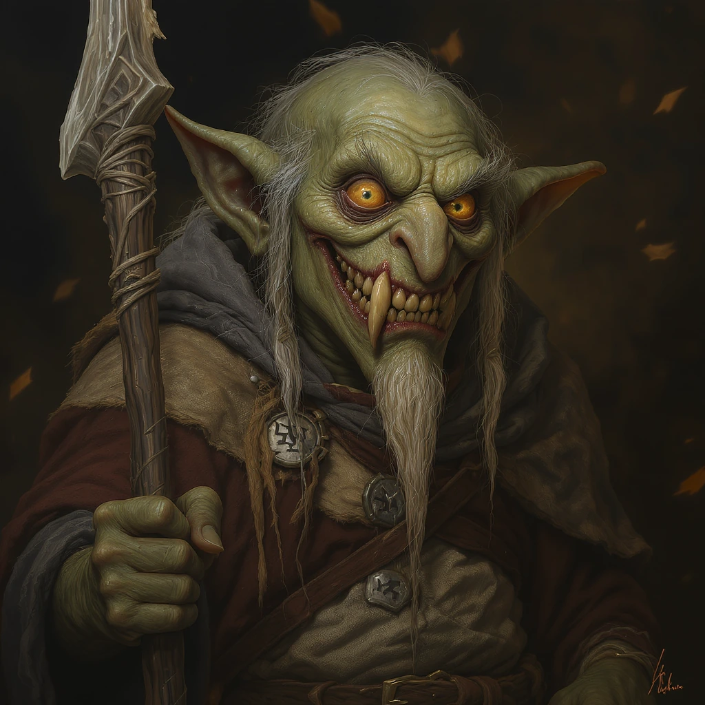 A grotesquely charming goblin, his twisted features twisting into a mischievous grin, adorned with mismatched robes and clutching a massive staff covered in mystical runes. This captivating digital painting features rich colors and intricate details,