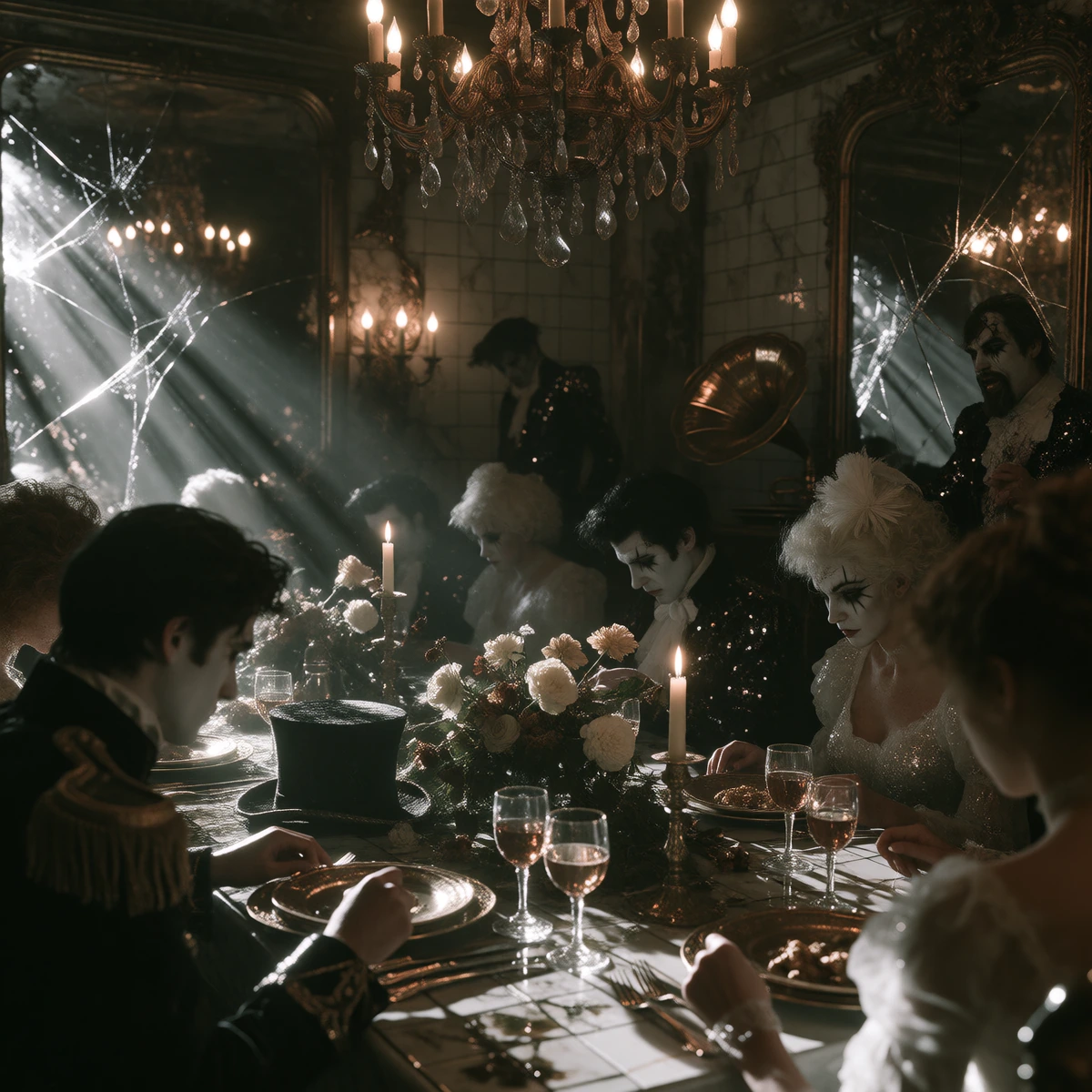 A decaying Belle Époque dining hall in a half-flooded Parisian basement, chandeliers corroded and casting sickly amber light through decades of dust. Cracked mirrors reflect fragmented versions of grotesque dinner guests—contortionists with atrophied