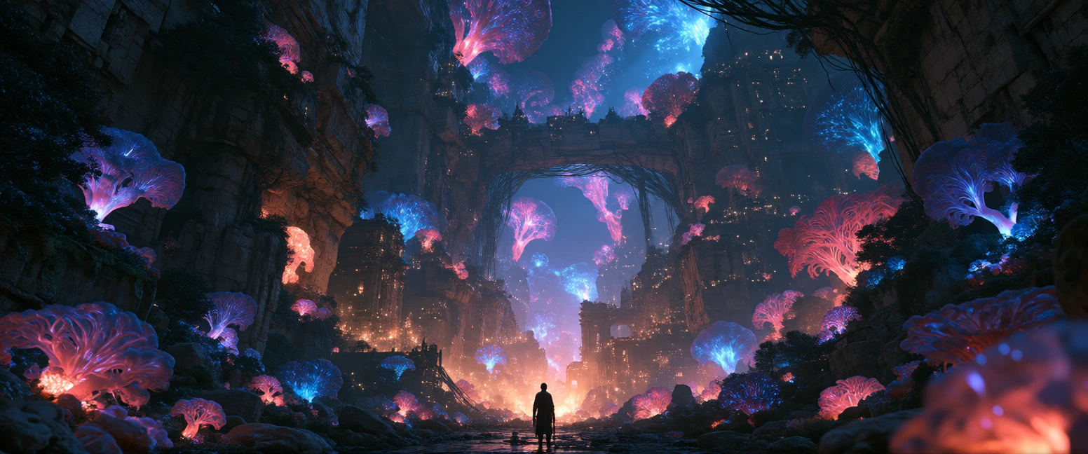 Ancient sprawling city carved into canyon walls, bioluminescent flora woven through crumbling stone architecture—vines glowing electric blue and viole