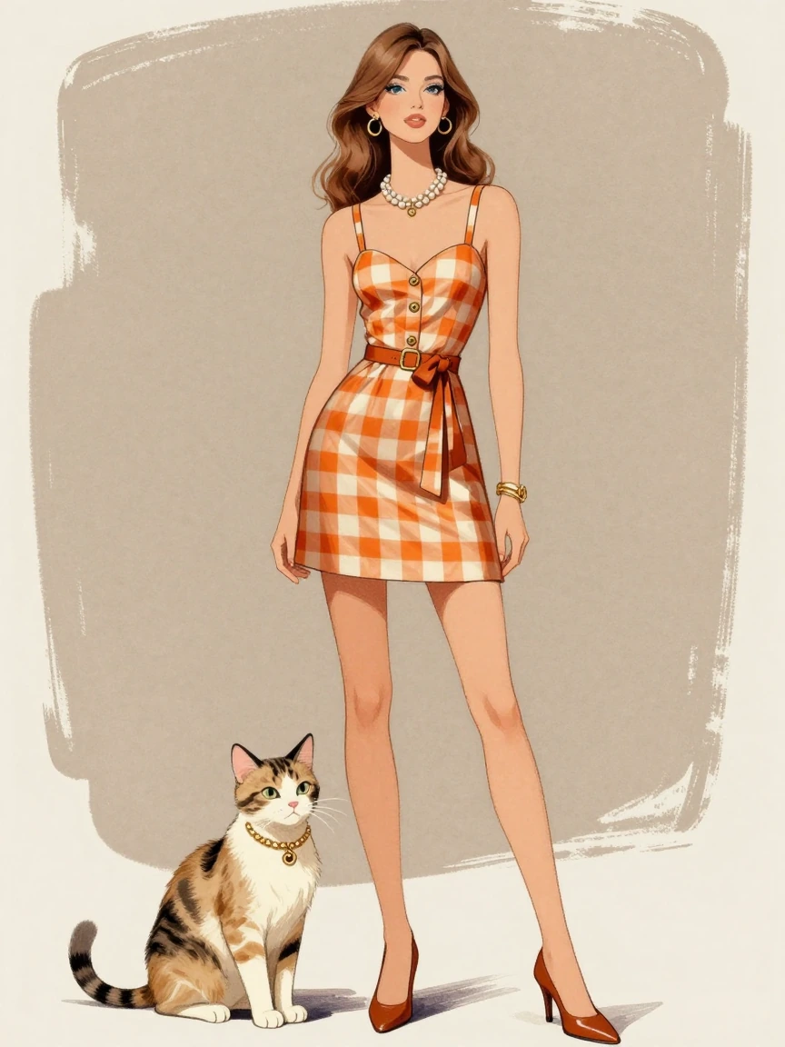 Fashion illustration 70s style minidress, cat nearby