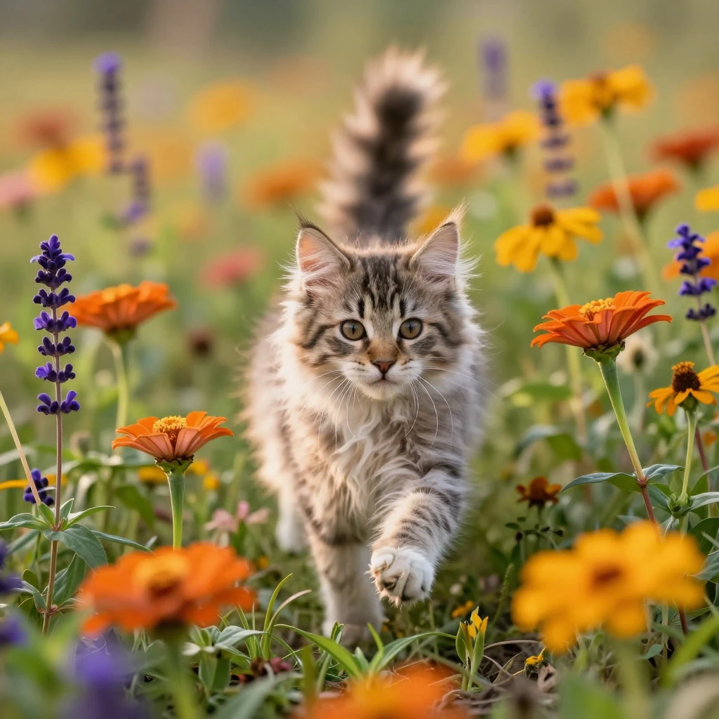 A curious long-haired kitten with tufted ears pouncing through a wildflower meadow of burnt orange zinnias, deep purple salvia, and golden rudbeckia under golden hour light