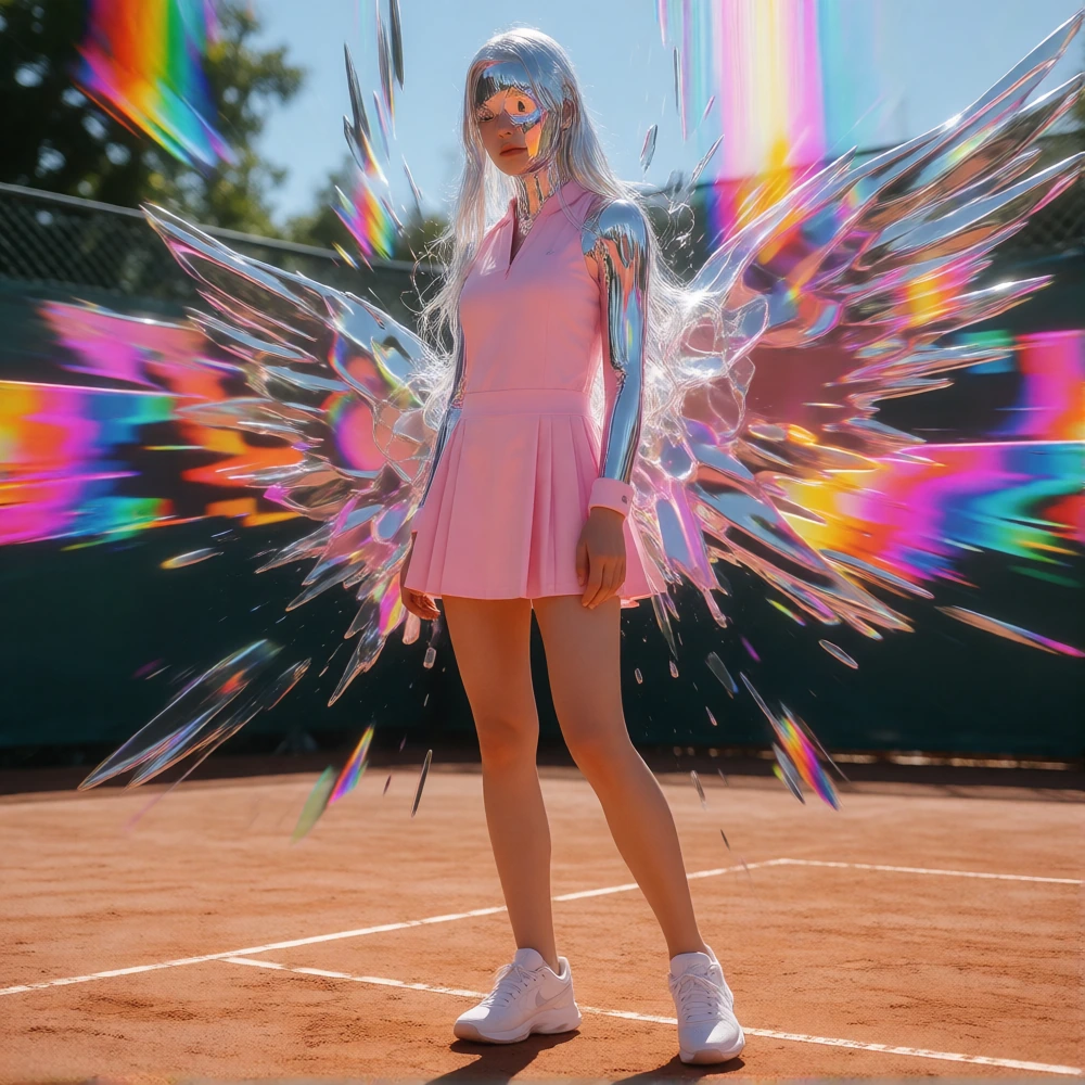 young woman in a pristine pink tennis dress and white shoes, standing on a clay court, looking unassuming and calm, but her face and upper body are completely glitched out and dissolving into texture overload, patches of velvet skin, dripping mercury