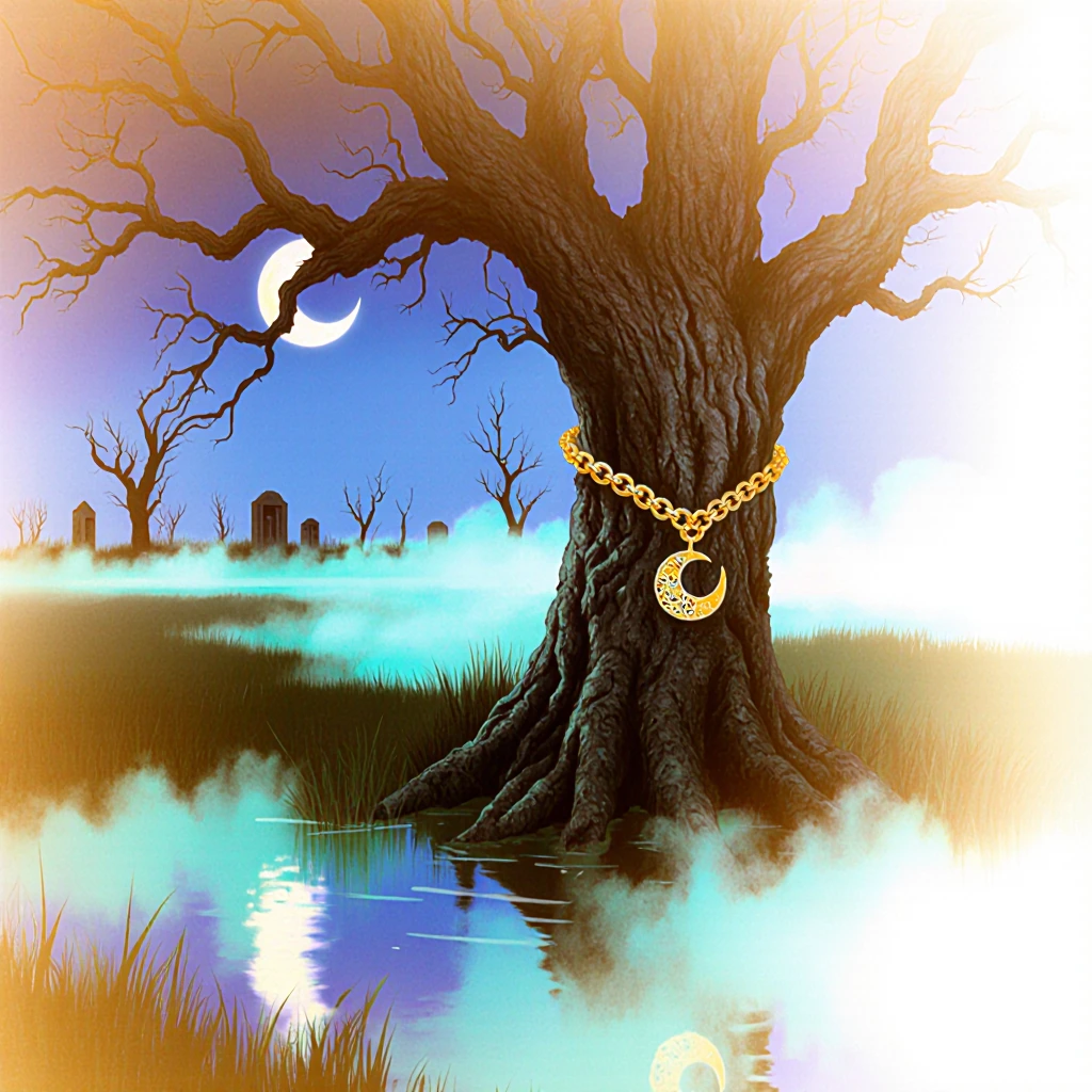 A dark and highly evocative digital fantasy pastel painting depicting an ancient and imposing oak tree, standing alone in a misty, desolate marsh at d