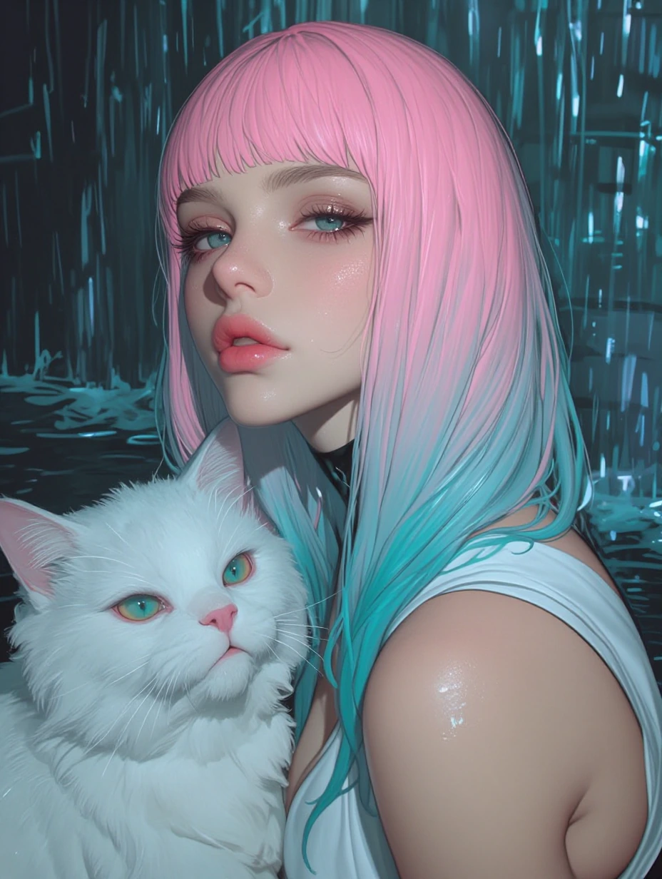 Woman, pastel pink aqua platinum hair, 1cat, Pink and aqua, wet in waterfall background