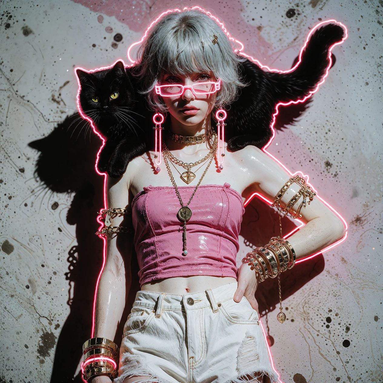 Beautiful woman pink neon outline grey ombre hair, cat on shoulder, pink and white jean cutoffs and pink slim tube top, India ink