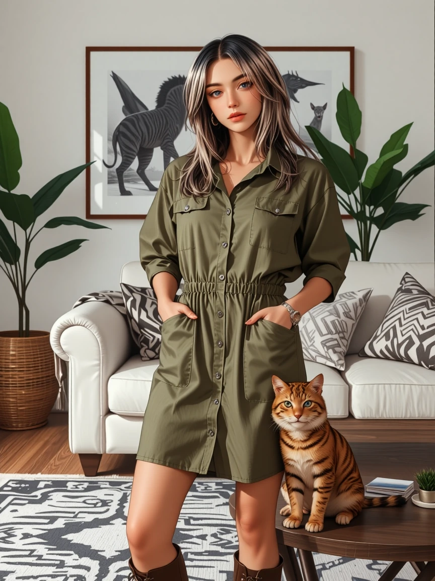 Urban Safari living room decor. Woman with black-and-white striped hair, wearing Khaki shirt dress with large pockets, summer ankle boots or sandals, stainless steel watch, with the cat that looks like a miniature tiger