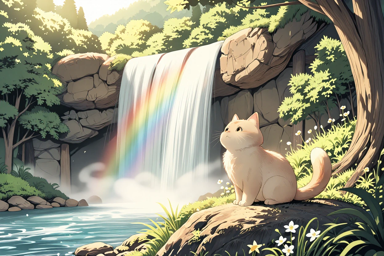 Cinematic anime style landscape, adorable fluffy cat with soft fur sitting peacefully on a large mossy rock beside a gentle waterfall with rainbow mist, lush green forest and wildflowers around, soft sunlight filtering through trees, dreamy peaceful