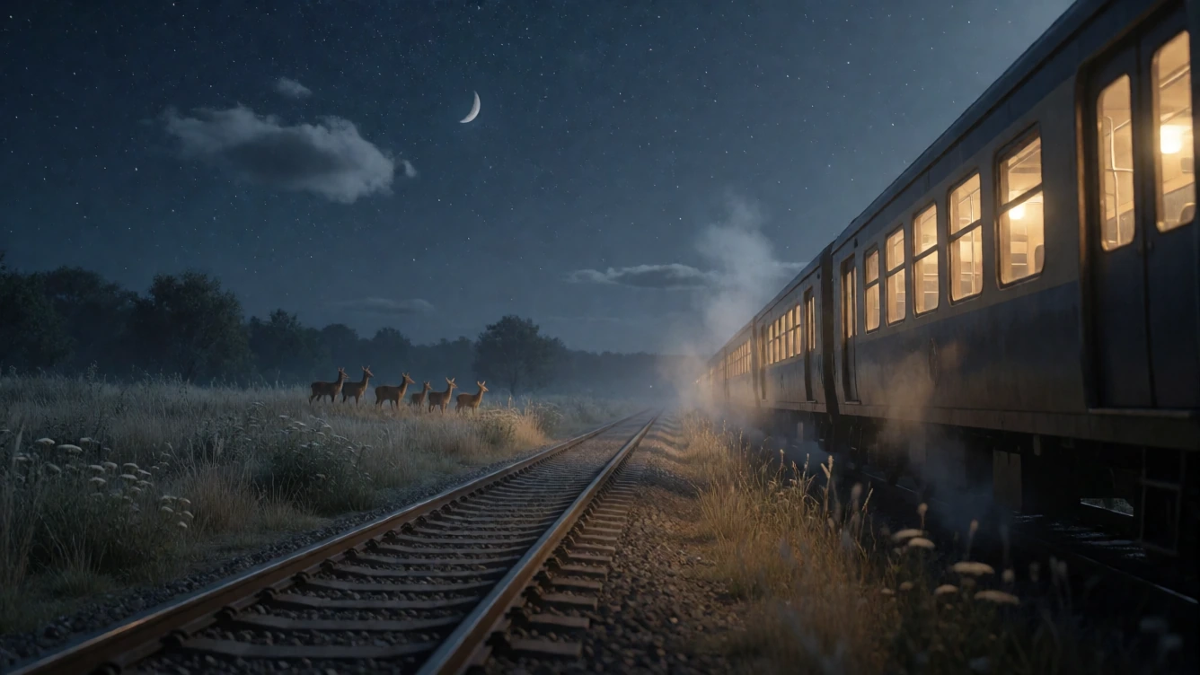 Capture a lone commuter train stopped motionless on tracks that stretch through an empty nighttime landscape, its windows glowing warm amber against the deep indigo dusk. Frame the shot from a low wide angle beside the tracks, train receding into sof