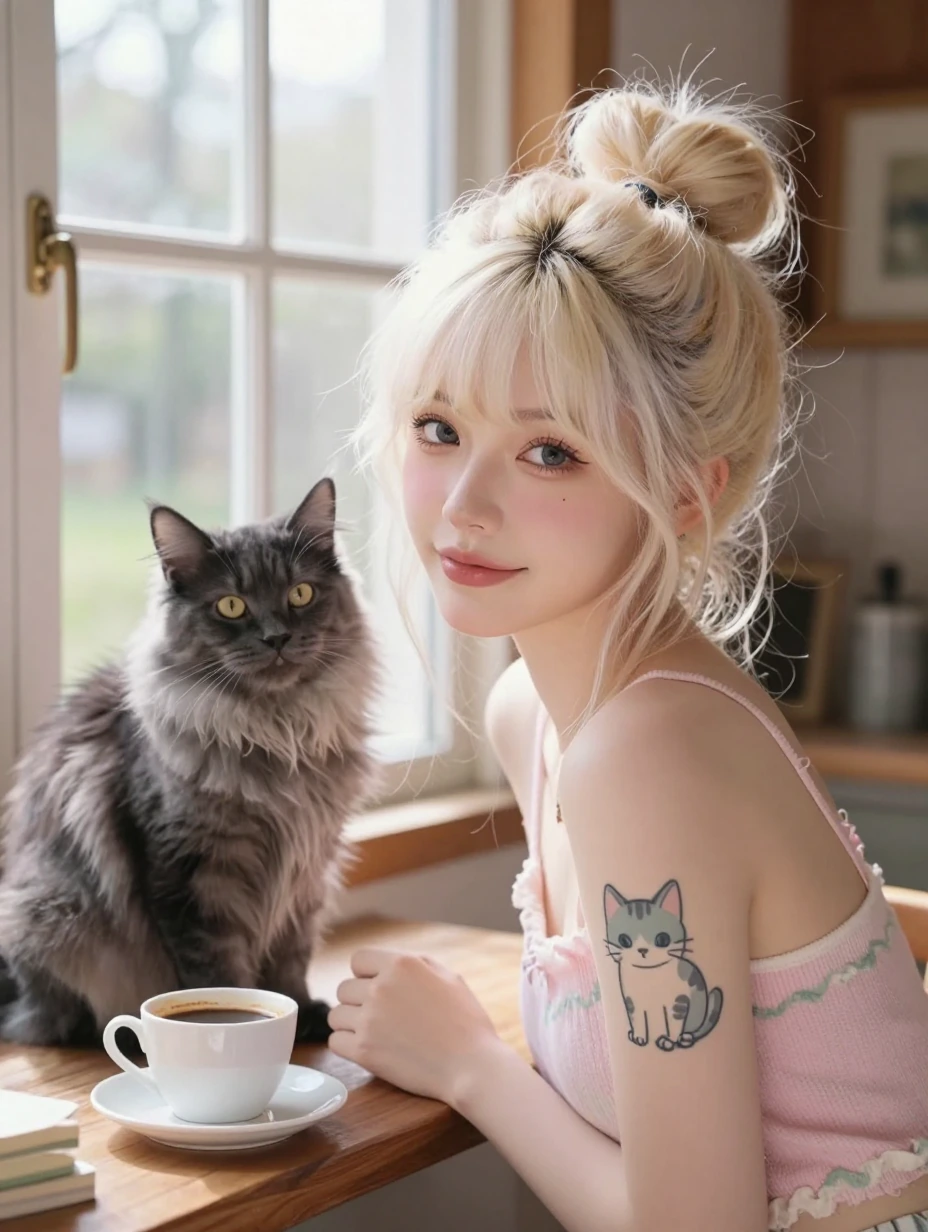 weirdcore, beautiful platinum blonde woman messy bun hair, eyes open, with one cat tattoo on her arm, pastel colors, fluffy Mainecoon gray black cat, smile, window, morning coffee, springtime, cozy cabin, airbrush style, realistic anime photograph uh