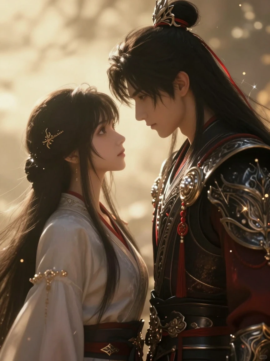 Two ethereal anime characters with flowing black hair, one with red ear accents, wearing ornate dark armor with red accents, backlit by soft golden sunlight, dramatic cinematic composition, fantasy romance aesthetic, glowing particles floating in air