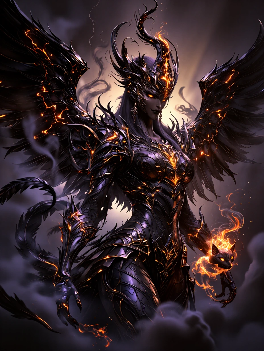 Closeup A majestic phoenix woman hybrid and her fire cat rising from ethereal shadows, wings spanning impossibly wide with feathers of deep obsidian black and midnight purple, edges glowing with molten amber and crimson fire, piercing golden eyes bla