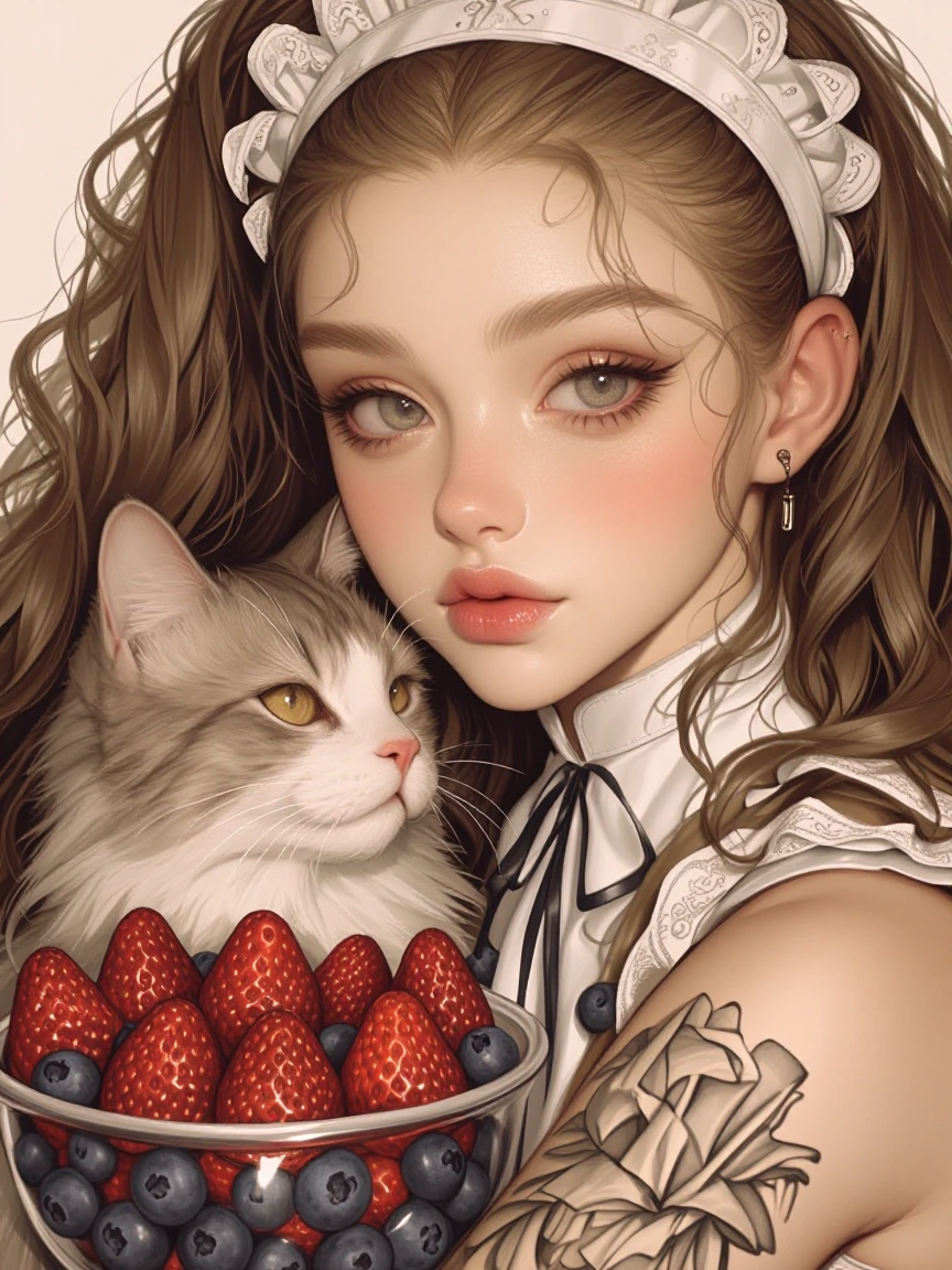 Strawberry blueberry woman with a cat