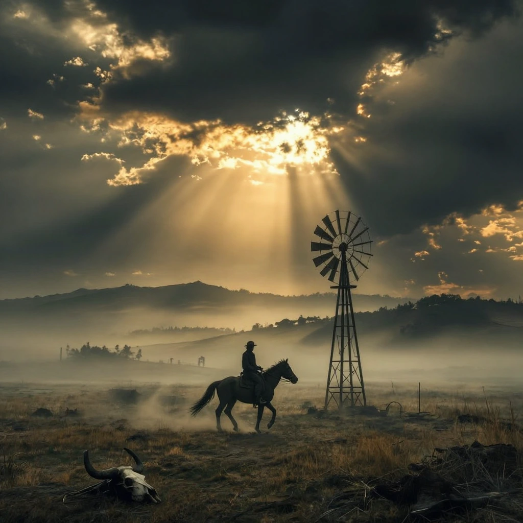 A vertical, cinematic and dramatic photograph, capturing the silhouette of a solitary rider on a galloping horse, crossing a vast plain shrouded in mist. In the foreground, the ground is covered in dry grass, with alternating areas of light and shado
