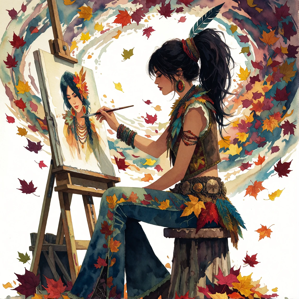 Watercolour painting of a woman in severe high ponytail, dark hair with a single feather pinned in, sitting at an easel painting her own portrait. She