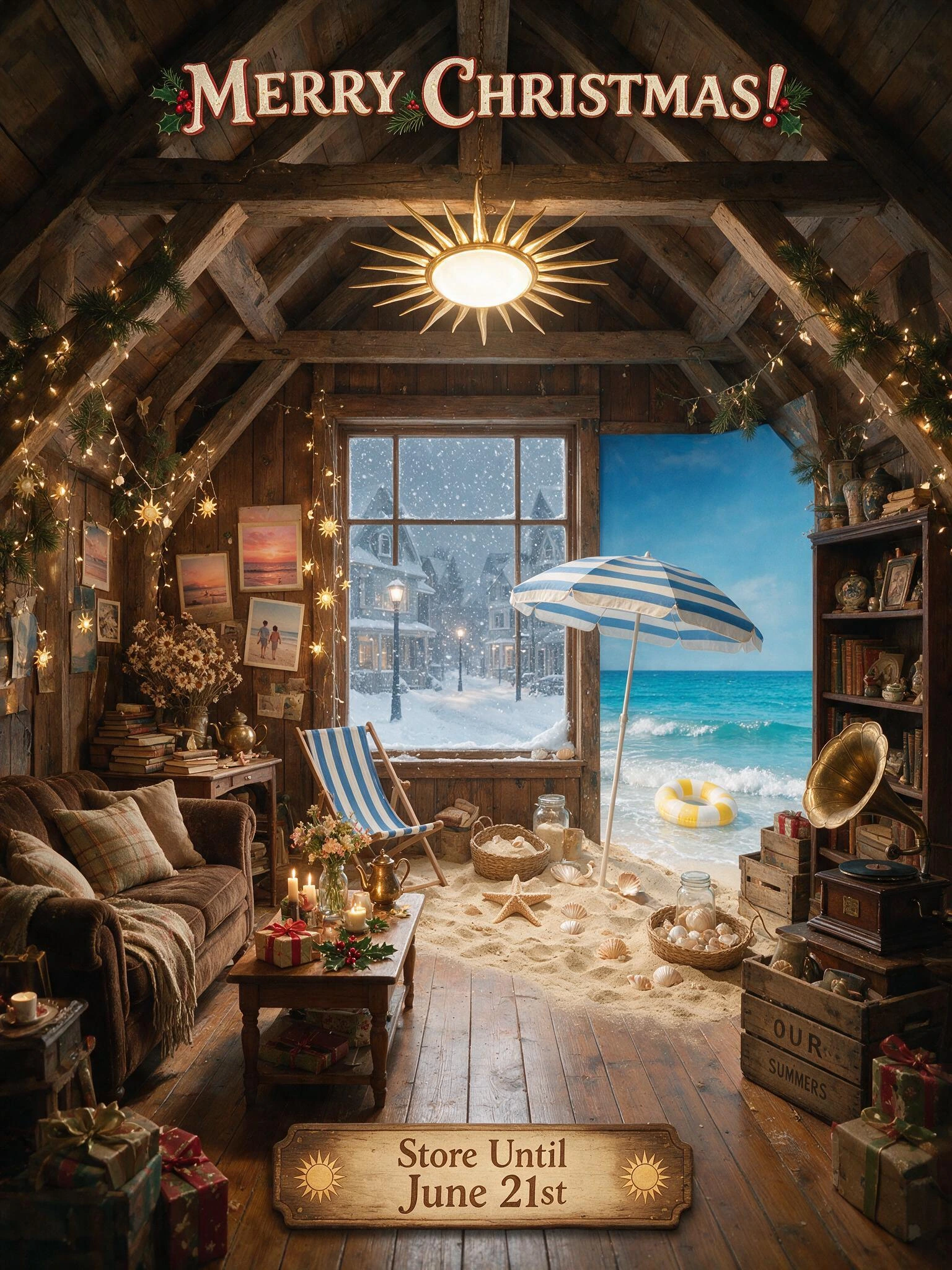 what winter keeps in the attic; A Vaulted Loft space in which winter keeps the summer sun, sunsets, summer love, the beach, clear blue water, swimming and other Summer concepts... The loft window shows a blizzard outside on the snow filled street bel