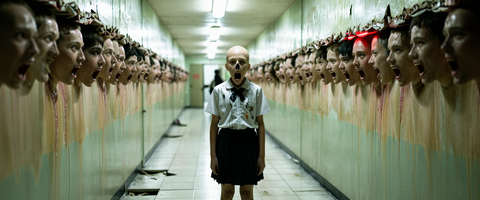 Render a figure standing at the threshold of a collapsing hallway that stretches infinitely inward, its walls lined with hundreds of human faces pressed flat against the plaster from the inside, mouths open mid-scream, eyes tracking the viewer. The f