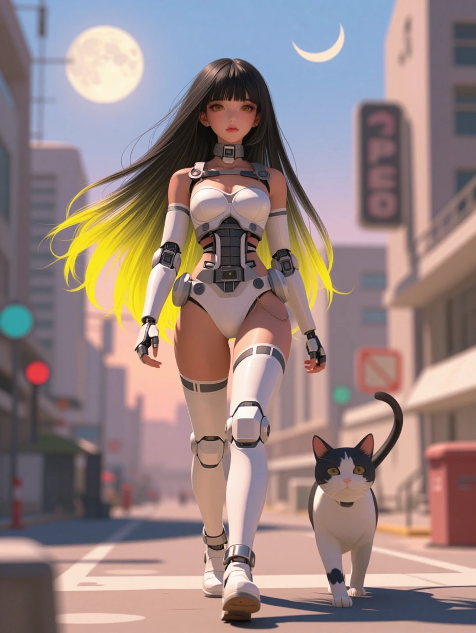 Super cute woman cyborg, long black yellow ombre hair with bangs, with a cat, walking in a futuristic city, sunny skies with moons