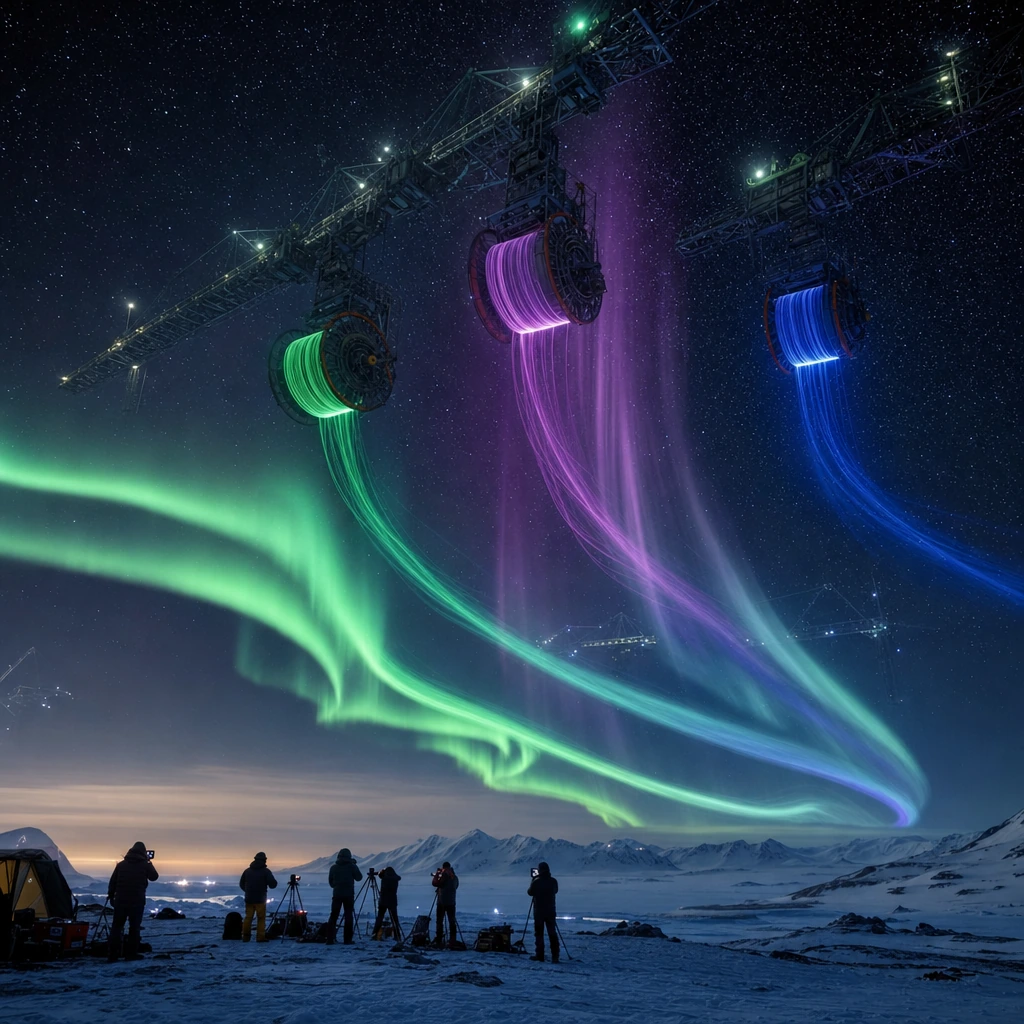Arctic researchers photograph the night sky as colossal invisible hands operate massive crane rigs suspended above the polar horizon, weaving aurora borealis with threads of luminous liquid light—spools of emerald, violet, and cobalt spinning and unr