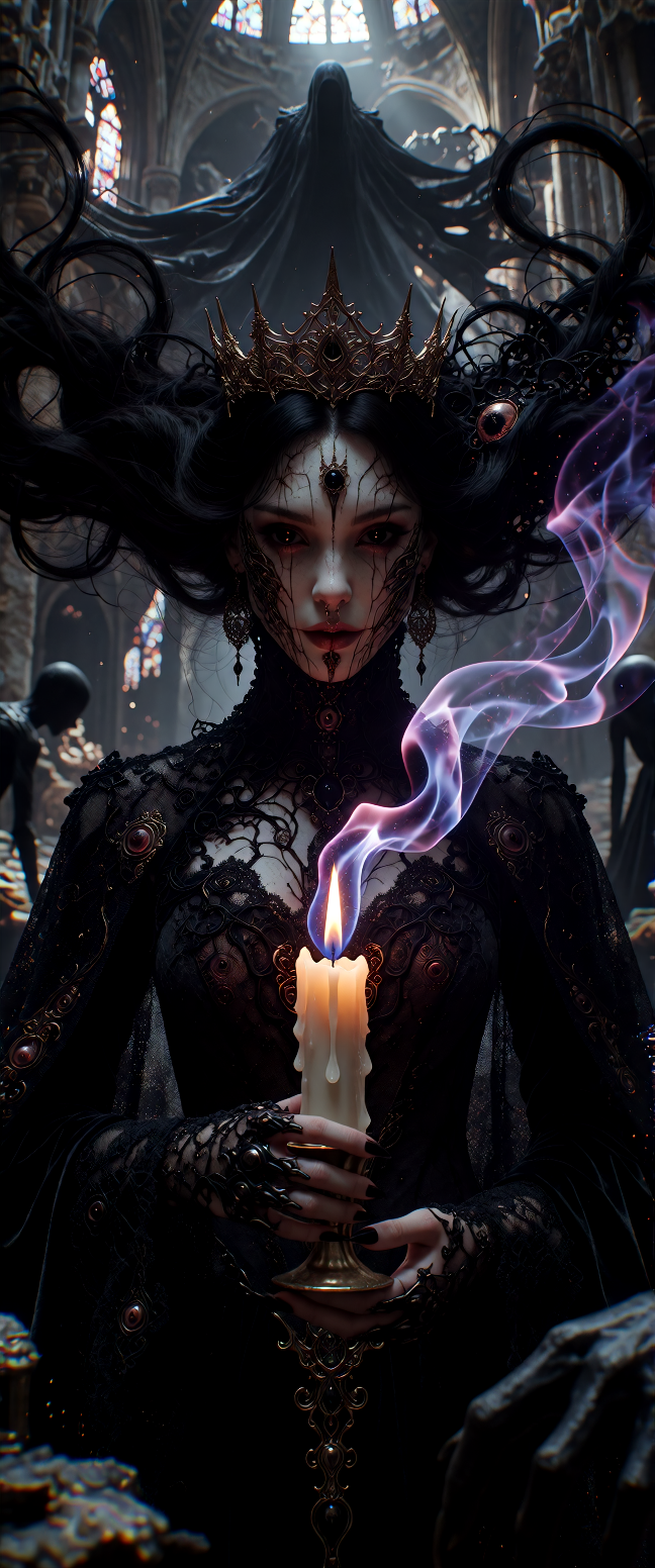 Create a high-resolution, ultra-detailed, photorealistic gothic horror portrait of a beautiful, ancient queen in a decaying cathedral, holding a singl