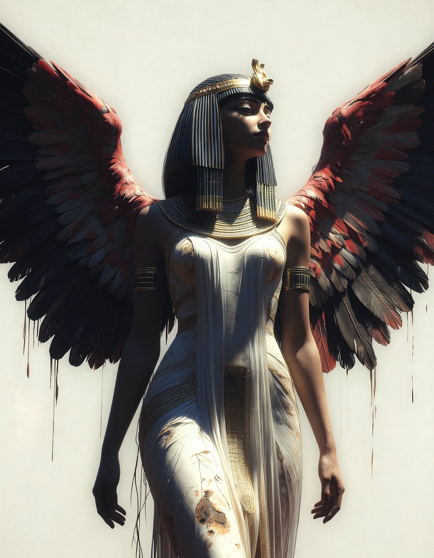 a highly detailed, digital drawing depicting an angelic female figure, the figure is depicted in a flowing, egyptian style, with intricate, flowing hair cascading down her back and shoulders, her wings are large and feathered, with a mix of black and