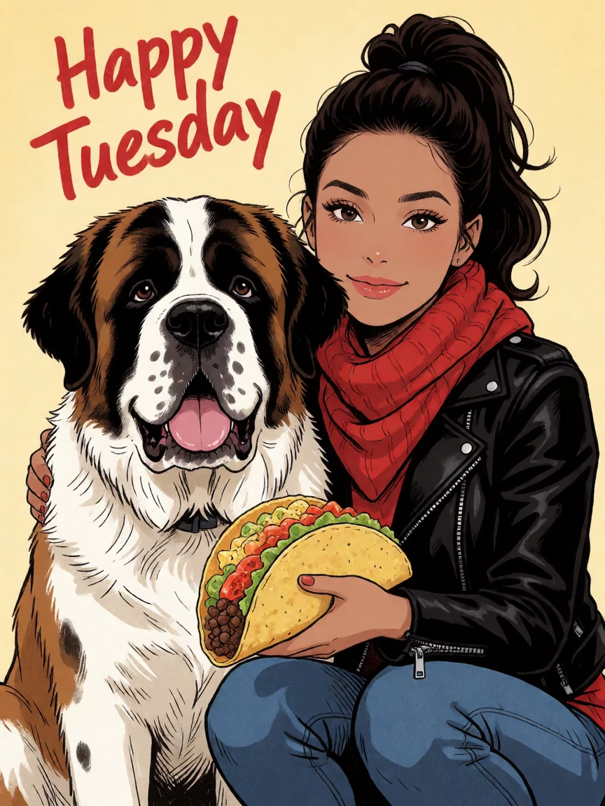 Beautiful taco Tuesday woman with her St. Bernard. Photo manga mix.