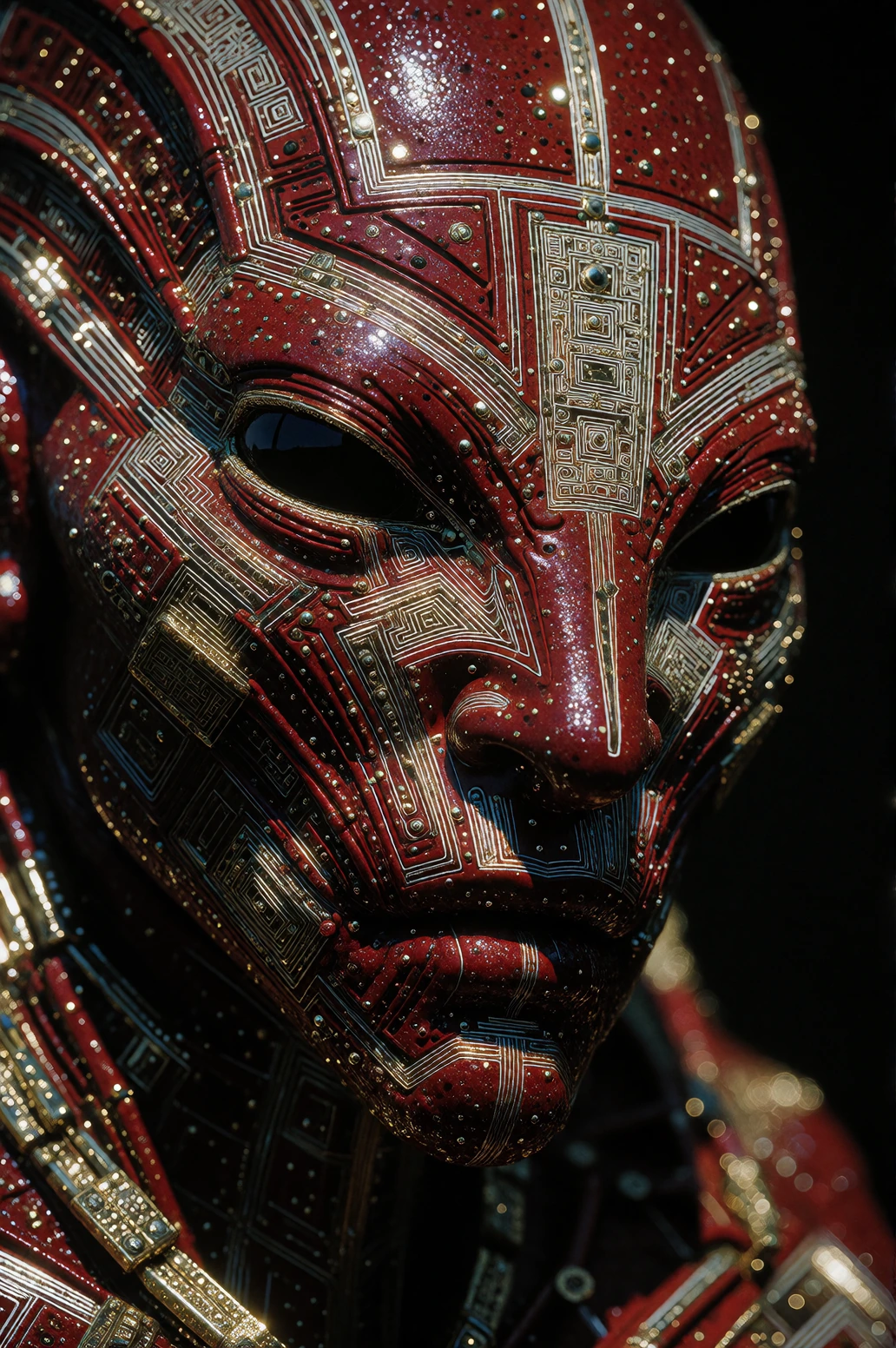 An alien with crimson-red skin covered in intricate black-and-white geometric line patterns that spiral and tessellate across every surface of its bod