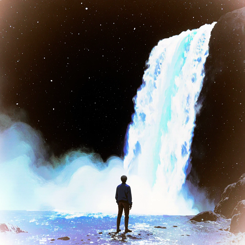 Dreamy scene, electric waterfall epic, person standing