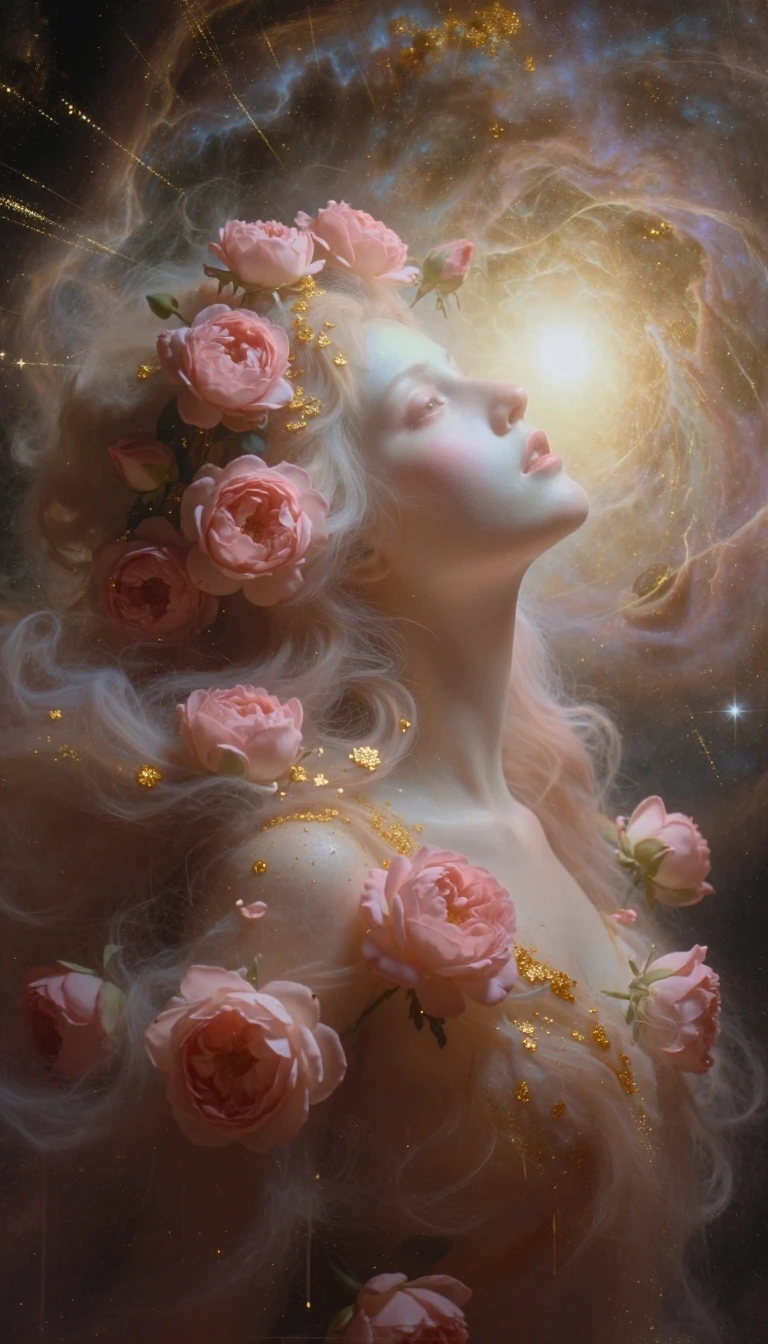 A breathtaking ethereal portrait of a celestial goddess emerging from a nebula of soft pink roses and golden stardust. Her face is tilted upwards in a profile view, looking towards a cosmic light with an expression of serene wonder. Her skin has a so