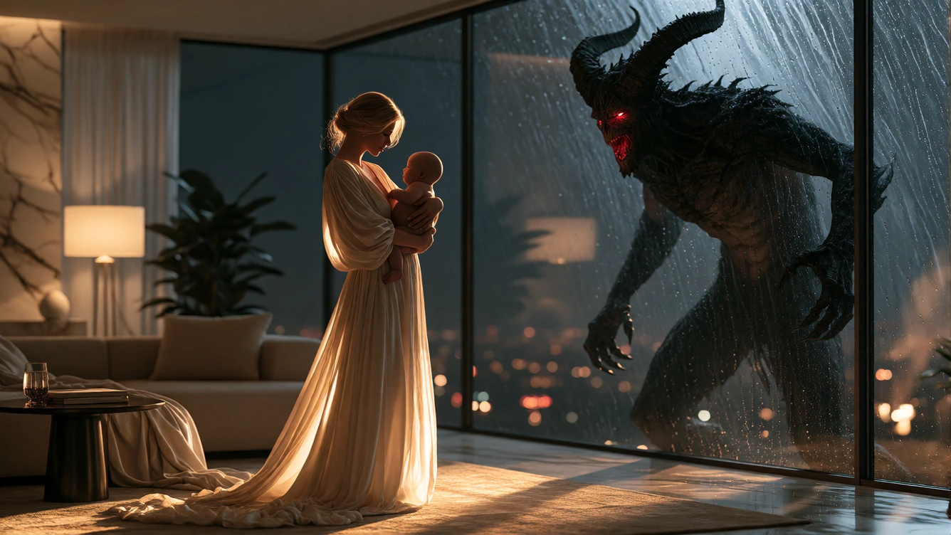 A striking blonde woman in an elegant silk gown gently cradles her infant against her chest, their figures illuminated by the warm golden light radiating from the baby's glowing heart, standing in a modern penthouse with floortoceiling windows, sleek