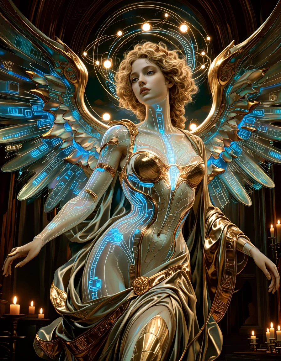 A majestic cybernetic angel in High Renaissance style, inspired by Raphael and Michelangelo, ethereal female figure with marble-smooth skin traced by glowing blue neural circuits and binary veins, massive wings made of intricate holographic light and