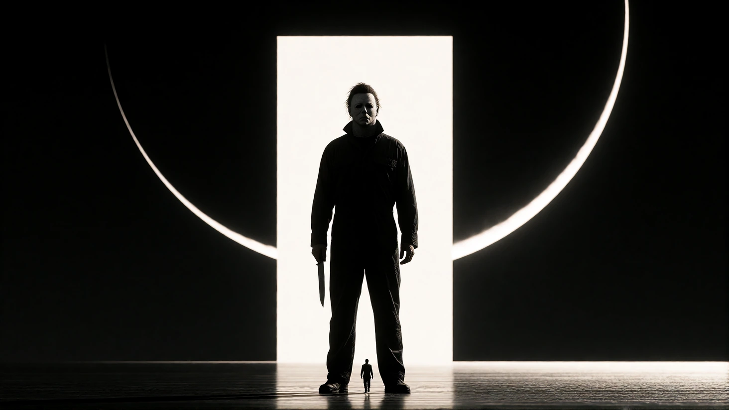 A stark minimalist black-and-white graphic keyframe, authentic to the reference style 1:1: high-contrast monochrome photography aesthetics, bold geome