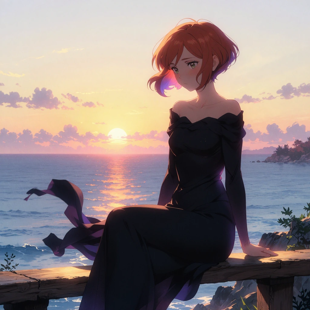 anime girl with short reddish-brown hair and hazel green eyes, sitting gracefully on wooden railing…