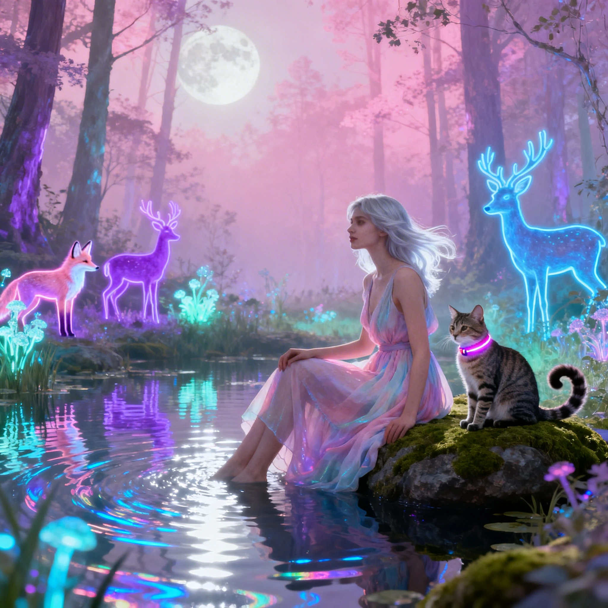 Pastel forest with neon wildlife, iridescent water in the moonlight, a beautiful woman sits by a pond with her cat.