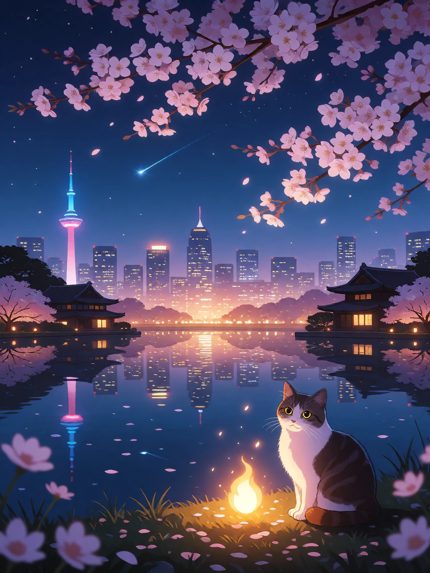 Beautiful nighttime scene, lake, city lights, cat, cherry blossoms. magical