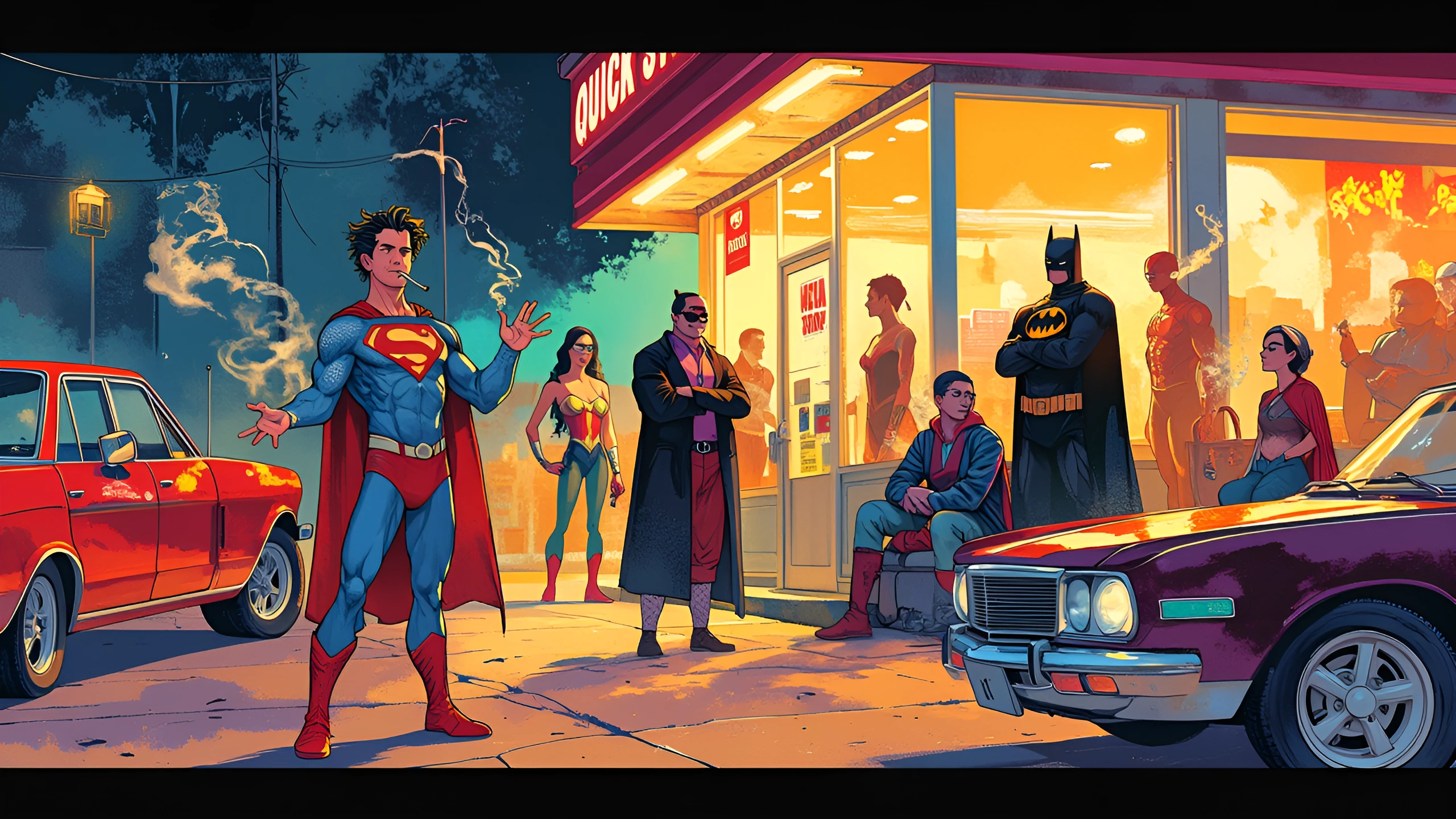 Cinematic framed keyframe in a bold, unorthodox, hand-drawn avant-garde style blending colorful Fauvism with expressive graphic novel energy. Thick, imperfect, expressive ink lines with visible brush texture and slight roughness. Strong, vibrant, non