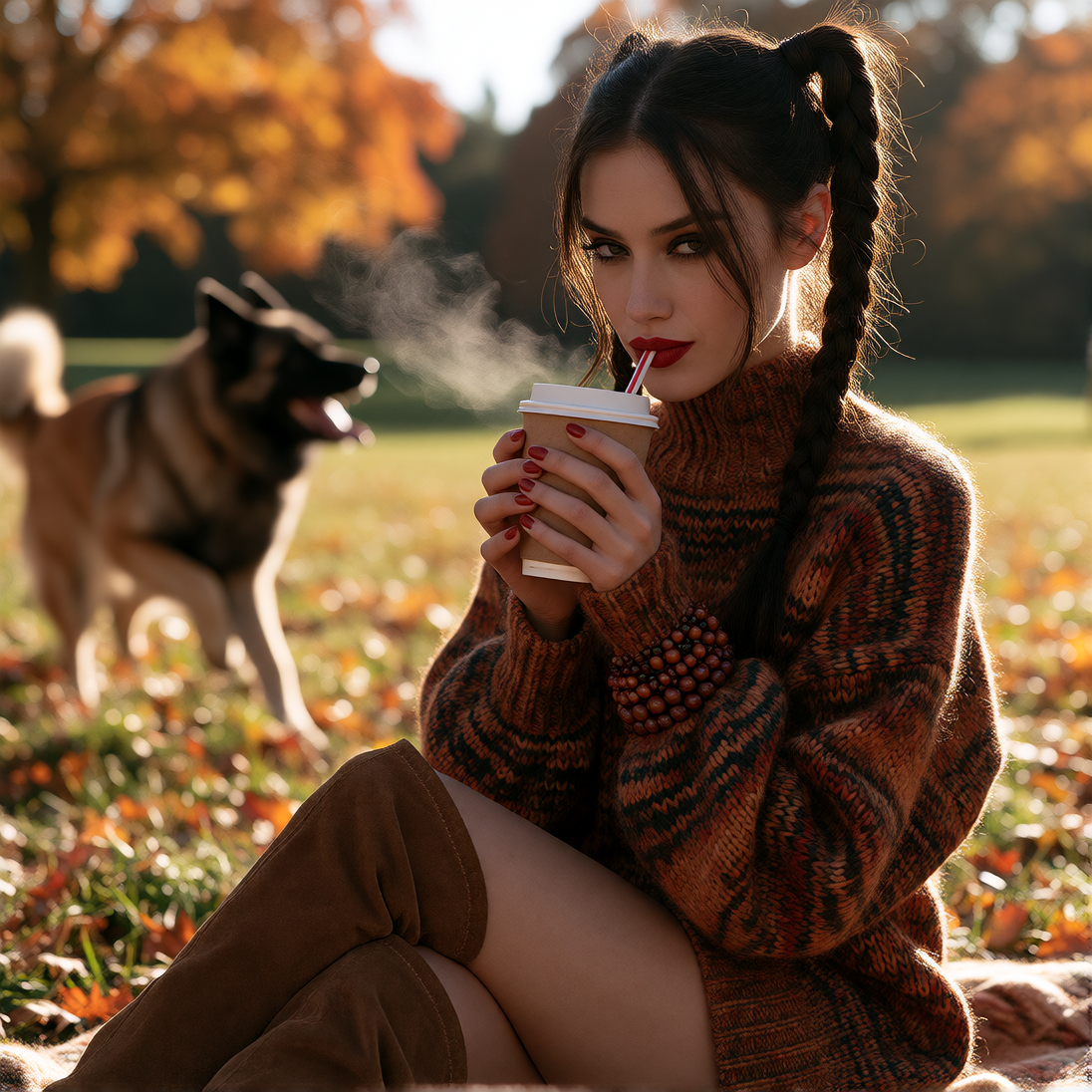Dark Hair styled in twin high braids, red lipstick, smoky makeup, virgin killer sweater dress in autumn colours, thigh high suede boots, autumn coloured beaded bracelet, cup of hot chocolate, breath visible, sly smile, afternoon Autumn outdoor scene 