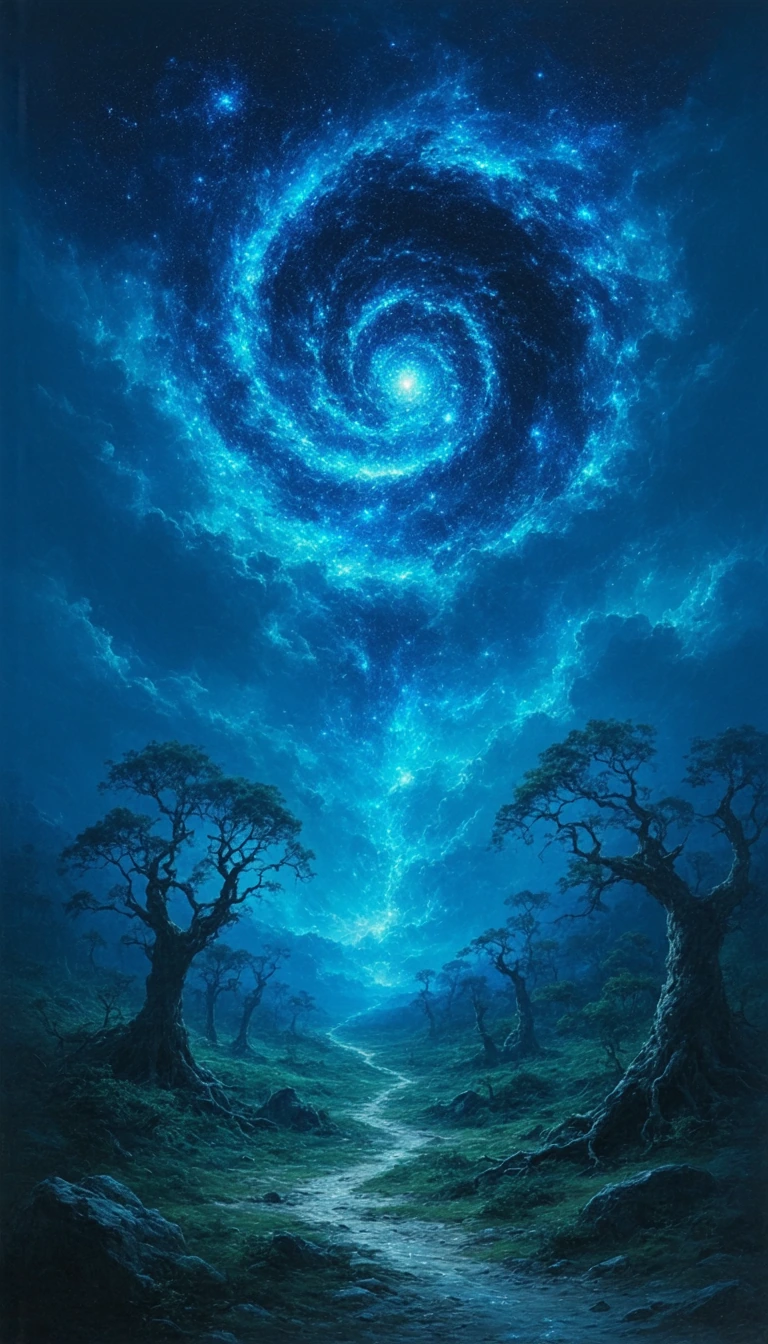 # Nocturnal Forest Portal A mystical night landscape reveals an otherworldly realm where towering baobab trees frame a mesmerizing spiral vortex in the sky. Bare-branched sentinels stand like ancient guardians among rocky outcrops and twisted vegetat