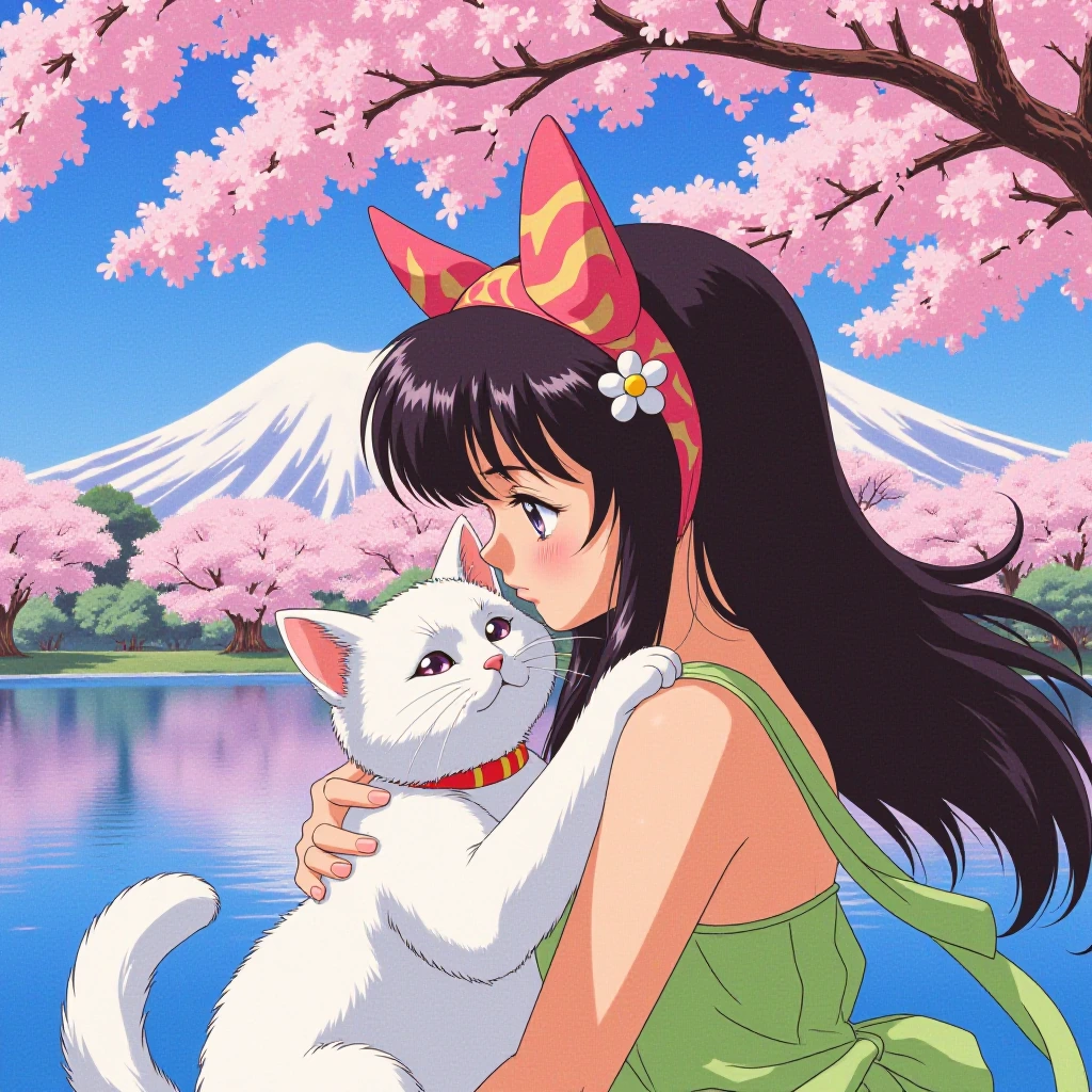 Closeup Woman and her cat spring, lake, cherry blossoms
