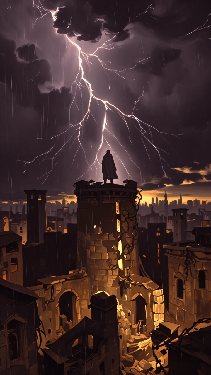 A lone figure in a tattered cloak stands silhouetted on a crumbling stone tower amidst a sprawling ruined city, rendered in the style of classical oil