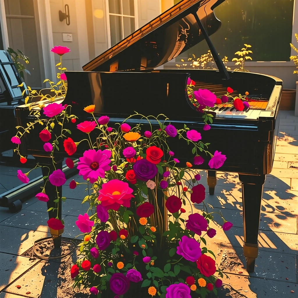 A black grand piano on a sun-drenched patio, its lid propped open, golden strings visibly vibrating in the light. From inside the instrument, luminous piano wire spills outward and downward like vines, rooting into the ground where they transform int